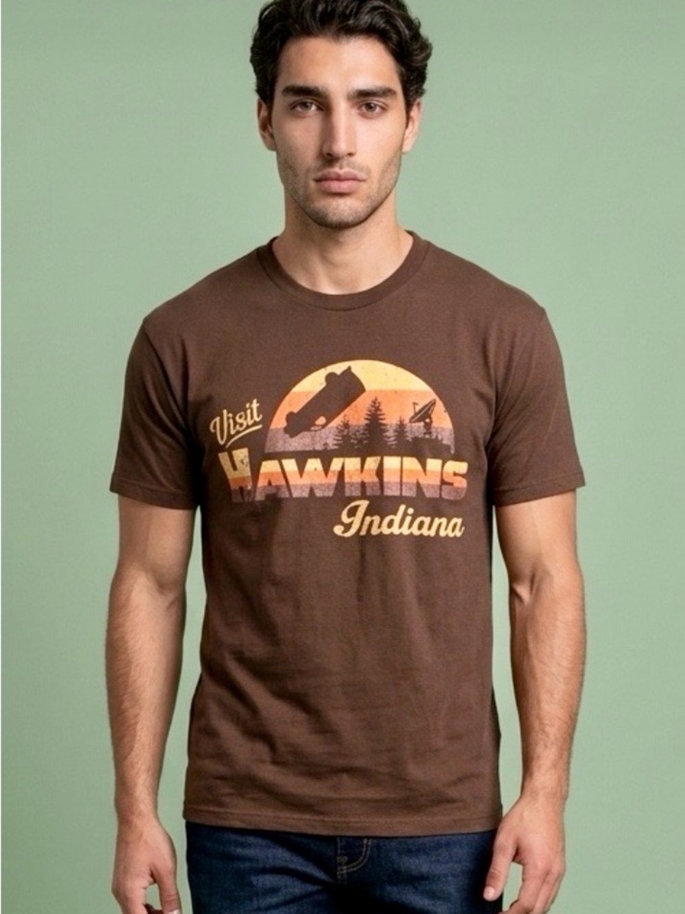 Men’s Stranger Things Hawkins Indiana Short Sleeve Graphic Tee - Brown L